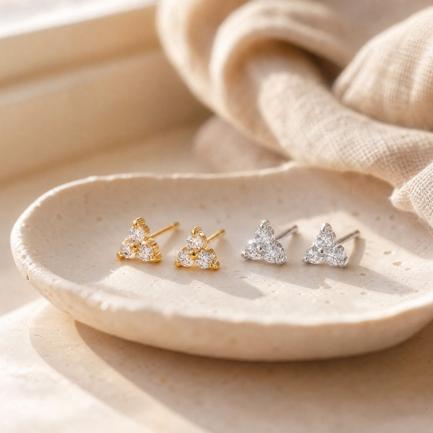 CZ Trio Cluster Stud Earrings – Dainty Gold Silver CZ Flower Studs, Gift for Her