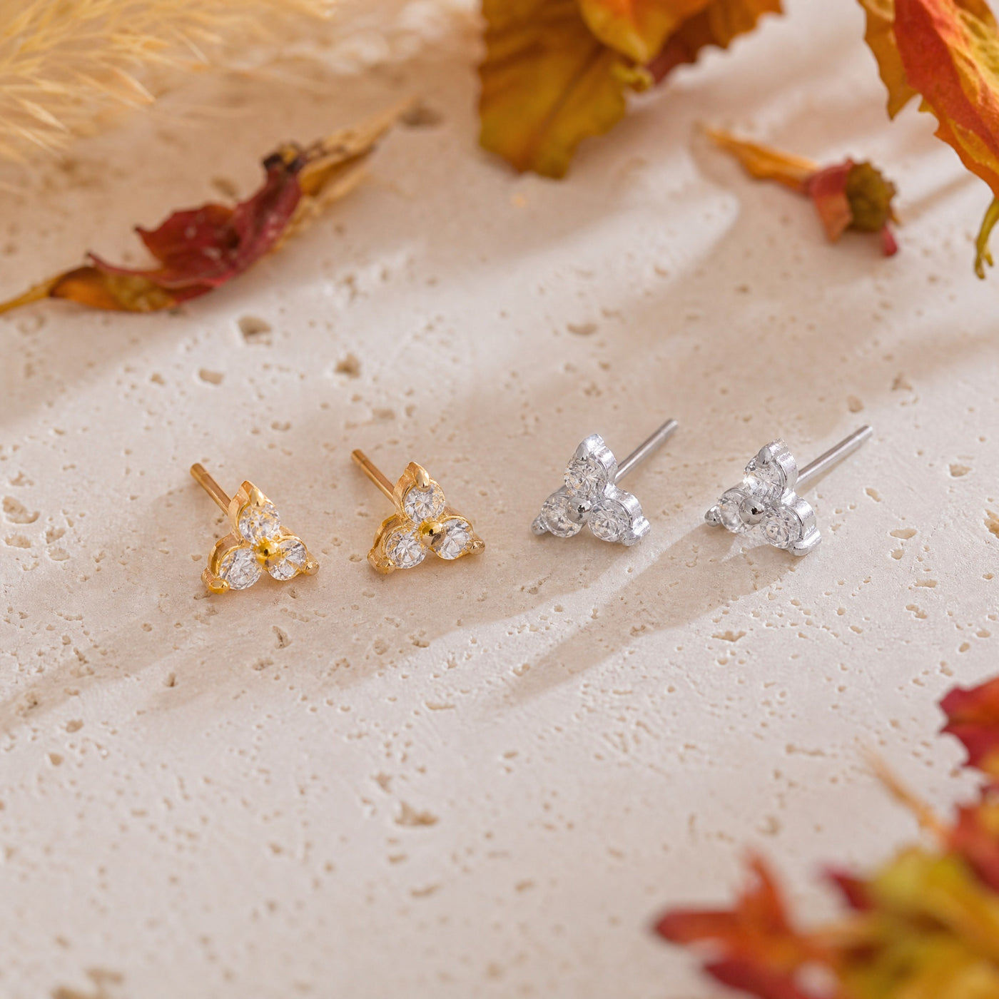 CZ Trio Cluster Stud Earrings – Dainty Gold Silver CZ Flower Studs, Gift for Her