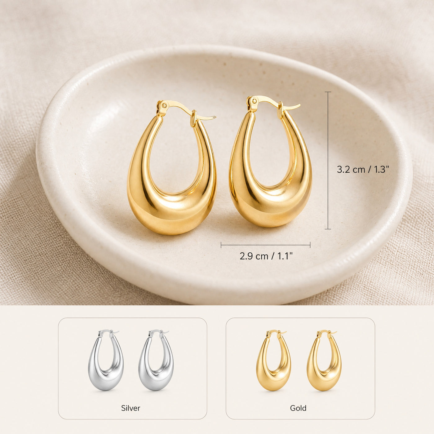 Chunky U-Shape Hoop Earrings – Gold Silver Thick Huggie Hoops, Statement Gift for Her