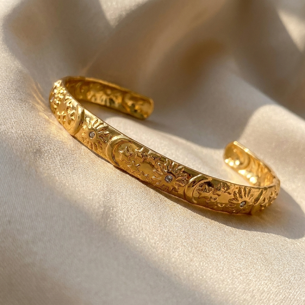 Gold Celestial Cuff Bracelet – Sun Moon Star Embossed Bangle, Stainless Steel