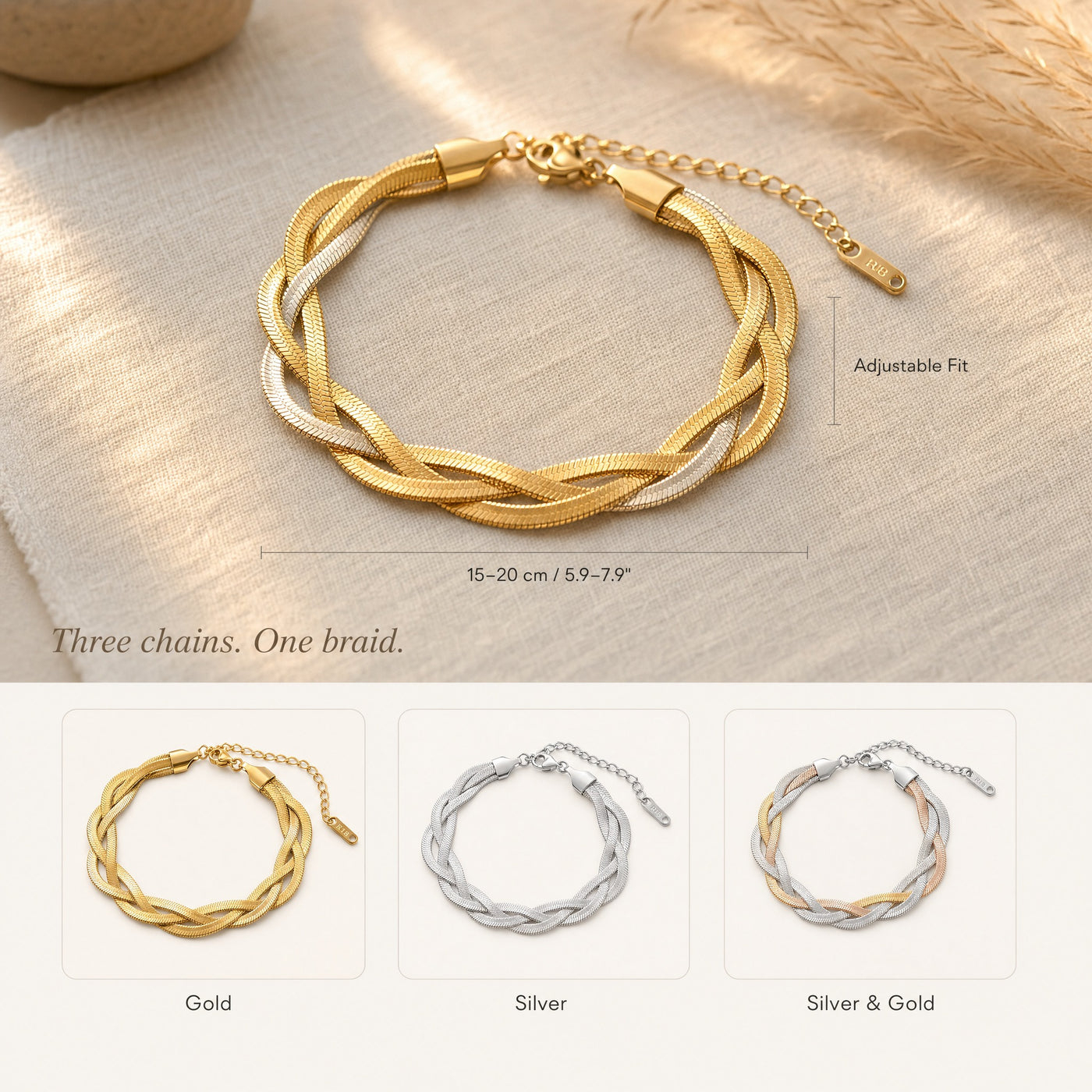 Braided Herringbone Bracelet – Gold Silver Woven Snake Chain Bracelet for Women