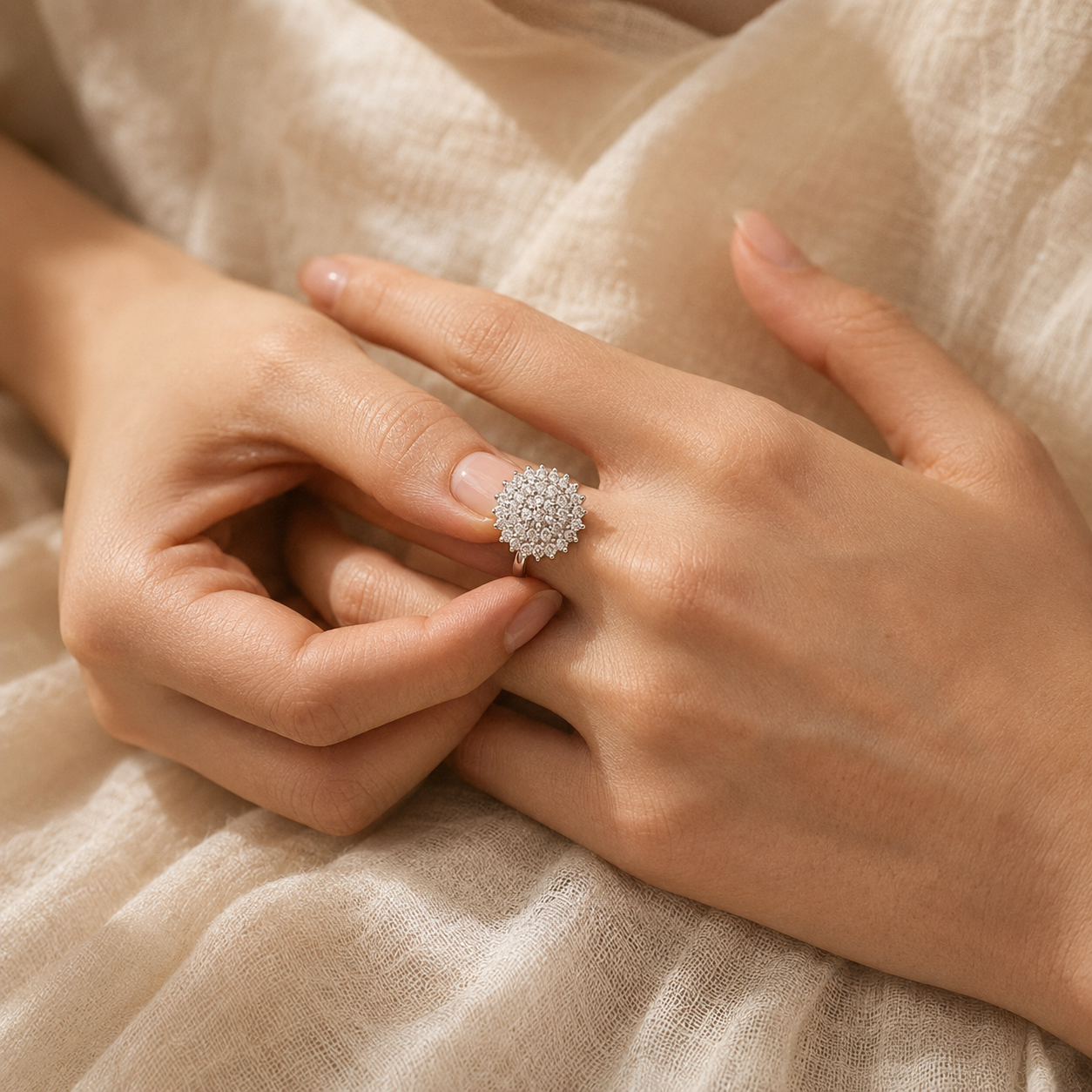 Silver Zircon Flower Ring – Pavé Cluster Statement Ring, Adjustable Band, Minimalist Jewelry Gift for Her