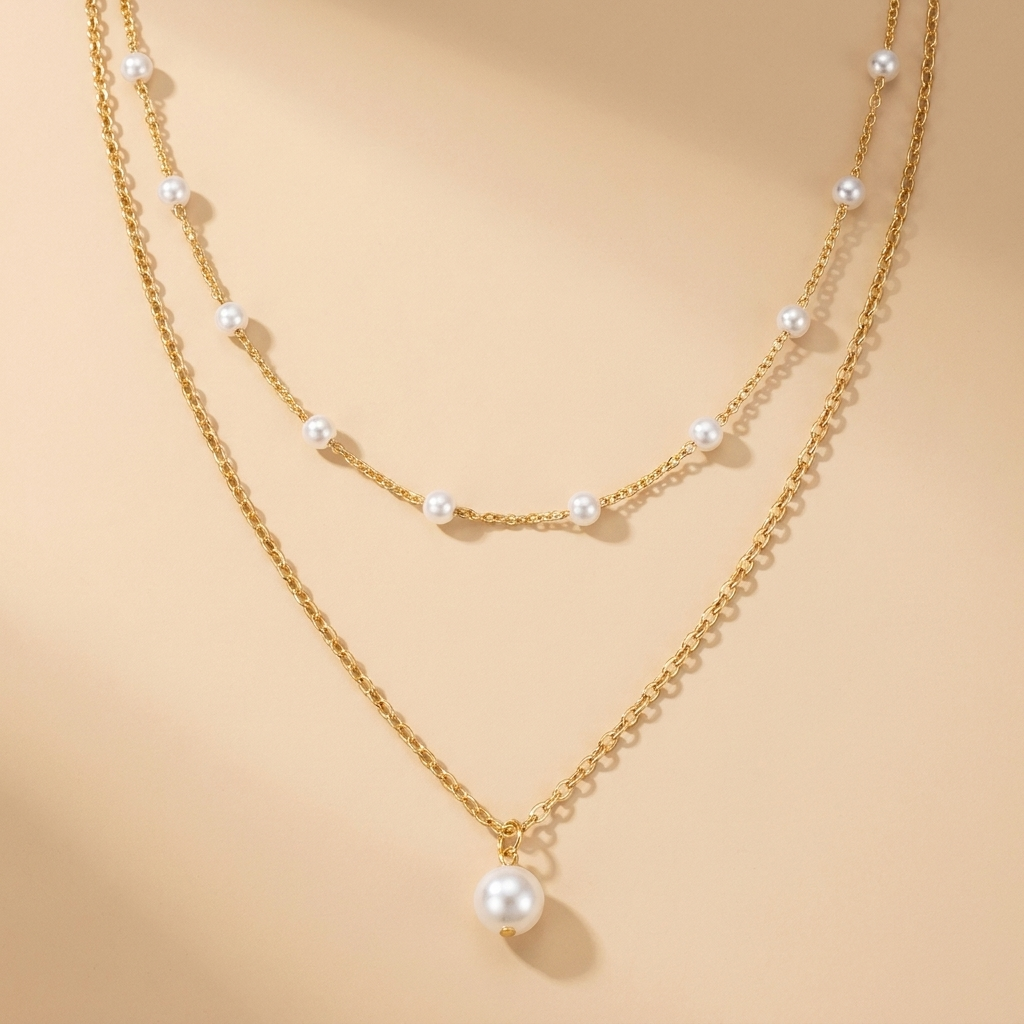 Layered Pearl Necklace – Dainty Two-Layer Pearl Chain Necklace, Minimalist Gift for Her