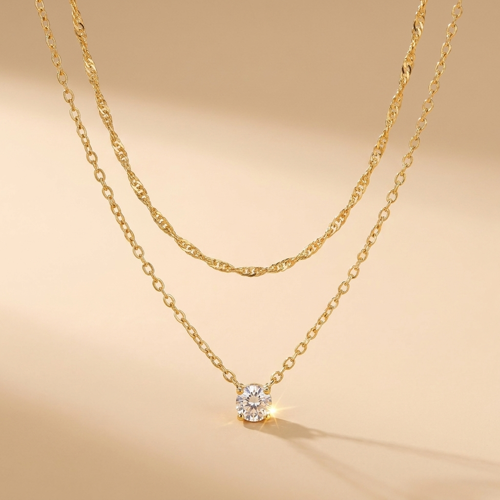 Gold CZ Solitaire Layered Necklace Set – Dainty - Plated Choker, Gift for Her