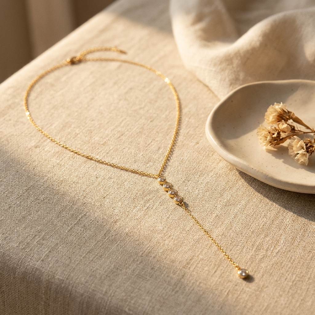 Crystal Lariat Y Necklace – Dainty CZ Bezel Drop Chain Gold Silver Layering Jewelry