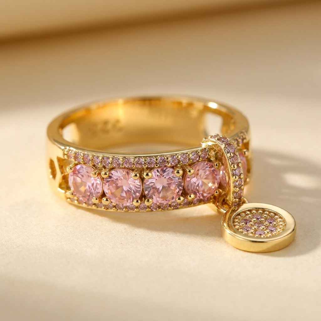 Pavé CZ Charm Ring – Pink Zircon Dangle Statement Ring, Gift for Her