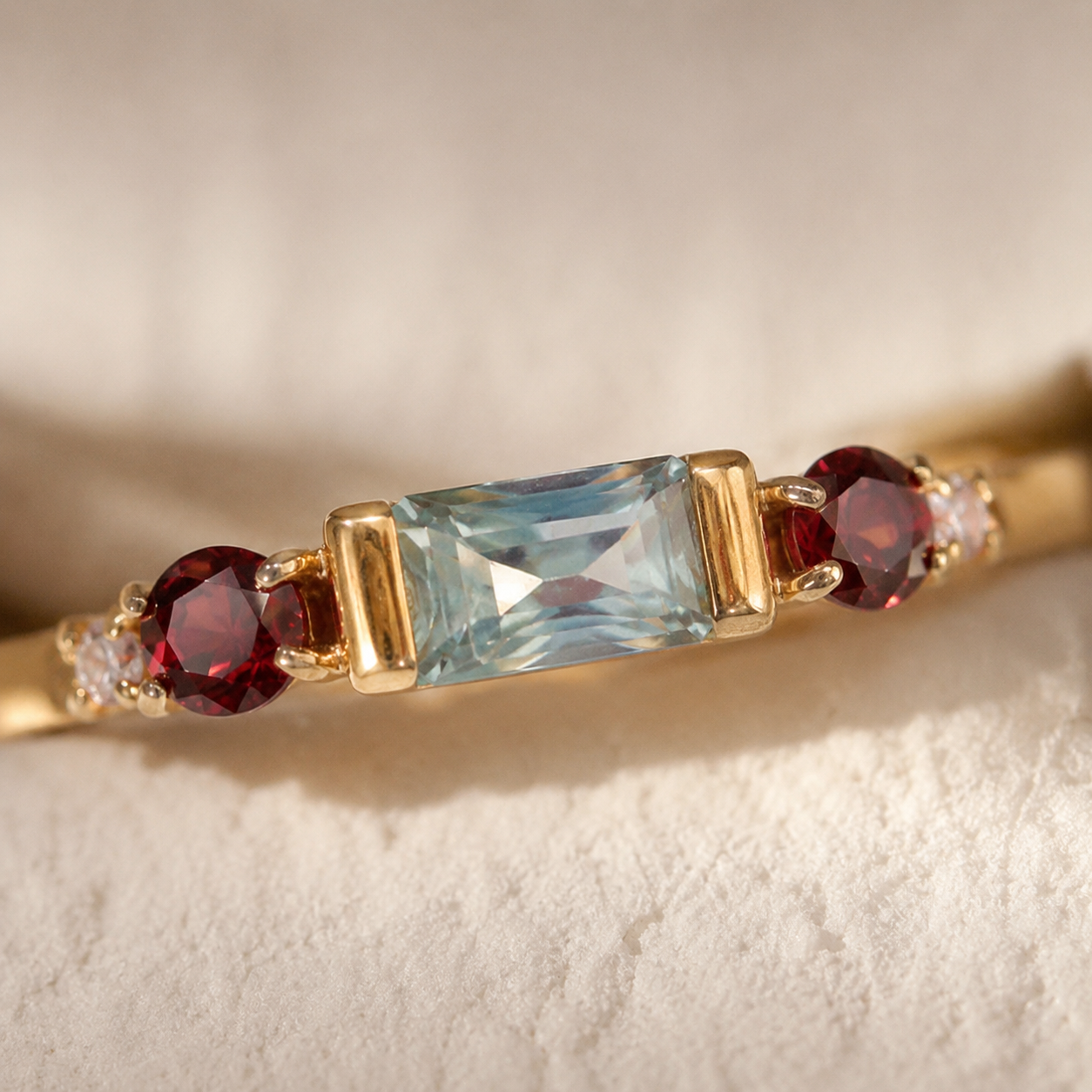 Gold Baguette & Garnet CZ Ring – Dainty Multi-Stone Stacking Ring, Gift for Her