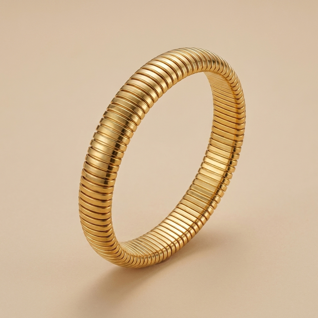 Gold Ribbed Cuff Bracelet – Elastic Stainless Steel Retro Bangle, Unisex Gift