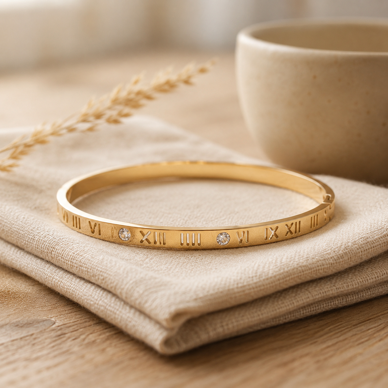 Roman Numeral Bangle Bracelet – CZ Stone Slim Cuff, Dainty Stacking Bracelet Gift for Her