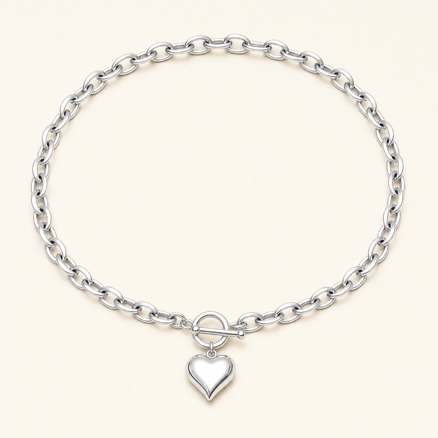 Puffy Heart Toggle Necklace – Gold Silver Chain Choker, Heart Charm Necklace Gift for Her