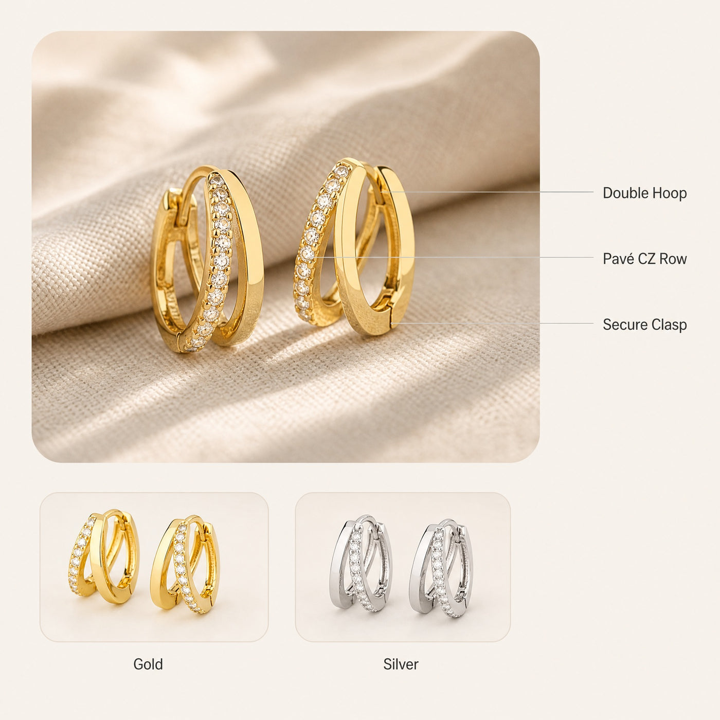 Double Hoop Pavé Earrings – Gold Silver CZ Huggie Cartilage Hoop Earrings for Women