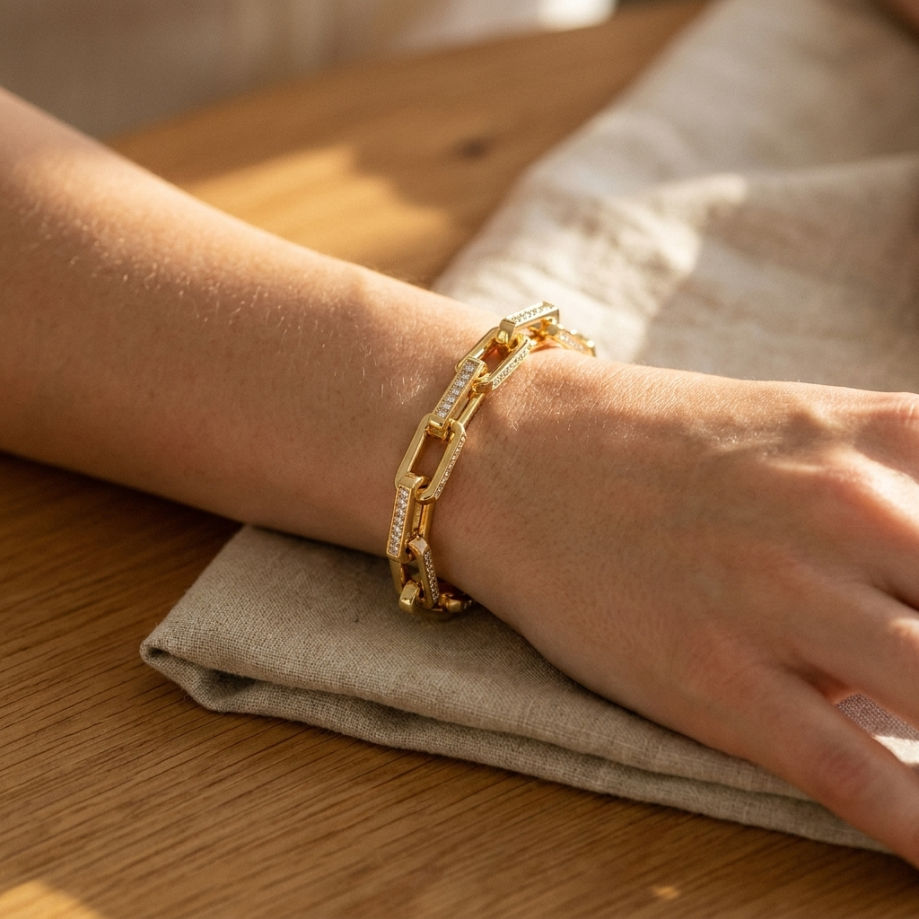 Pavé Chain Link Bracelet – CZ Rectangle Link Silver Gold Unisex Statement Bracelet