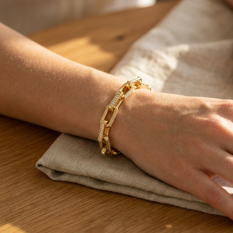 Pavé Chain Link Bracelet – CZ Rectangle Link Silver Gold Unisex Statement Bracelet