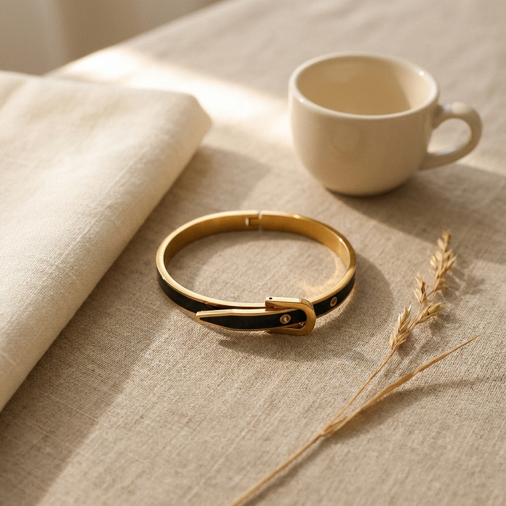 Gold Belt Buckle Bangle – Enamel Cuff Bracelet, Dainty Gold-Tone Gift for Her