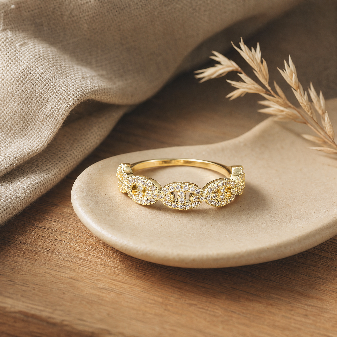 Pavé Mariner Chain Ring – Stackable Gold Silver CZ Band Ring for Women, Dainty Gift