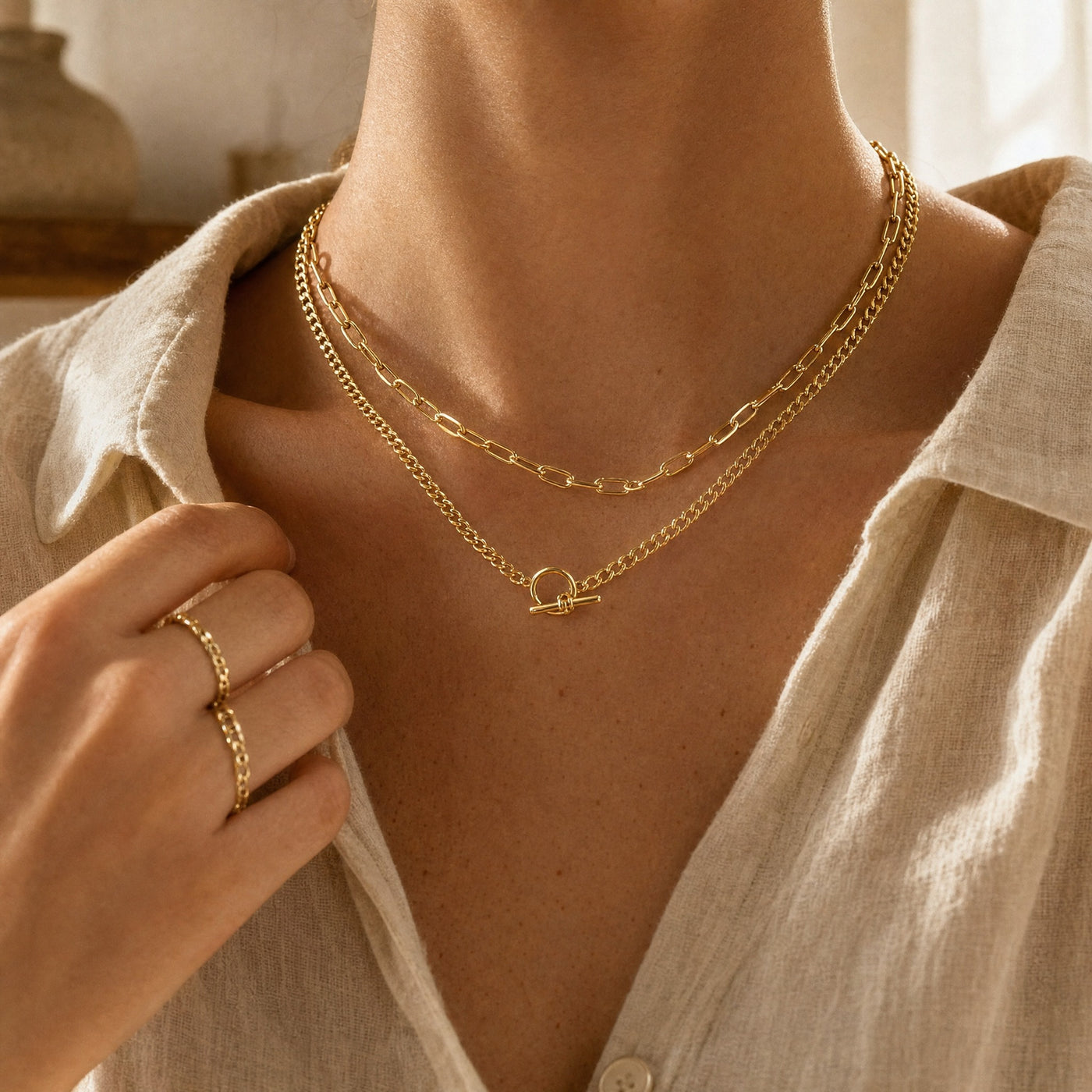 Gold Layered Chain Necklace – Cuban Link Paperclip Toggle Clasp, 14k Gold Plated Gift for Her
