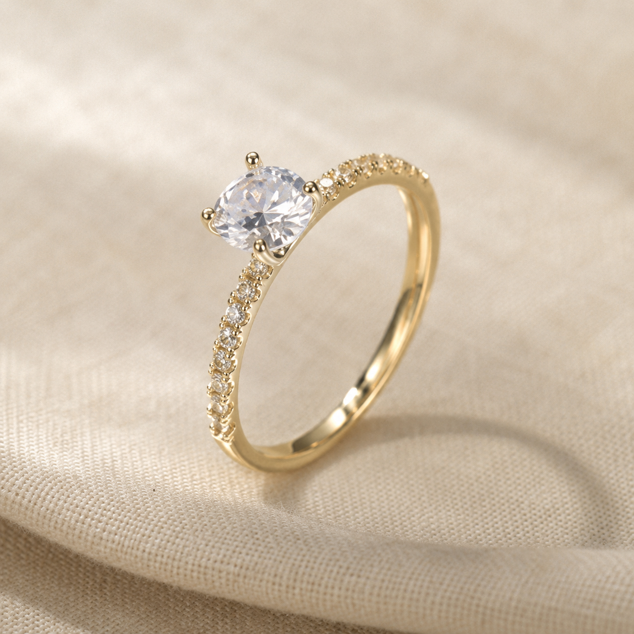 Round CZ Eternity Band – Dainty Pavé Wedding Ring, Thin Gold-Plated Stackable Engagement Ring for Women
