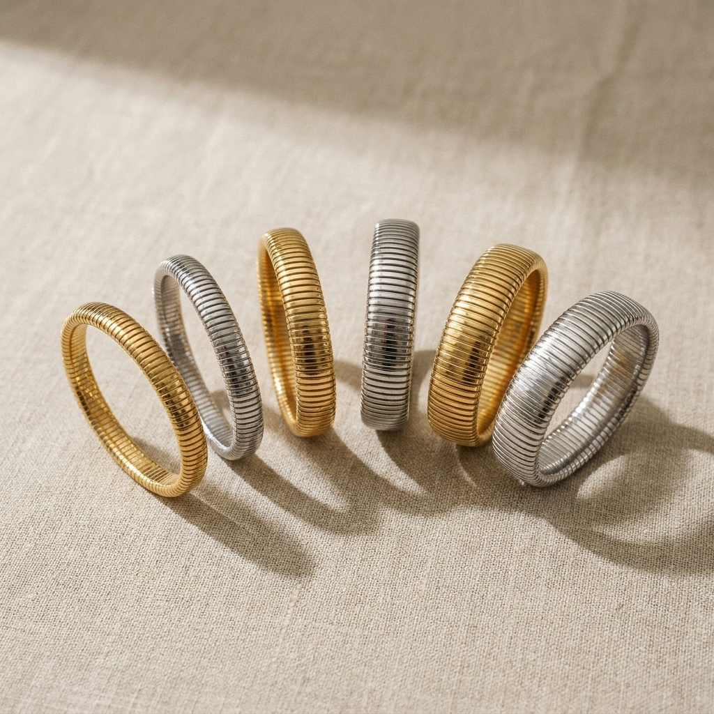 Gold Ribbed Cuff Bracelet – Elastic Stainless Steel Retro Bangle, Unisex Gift