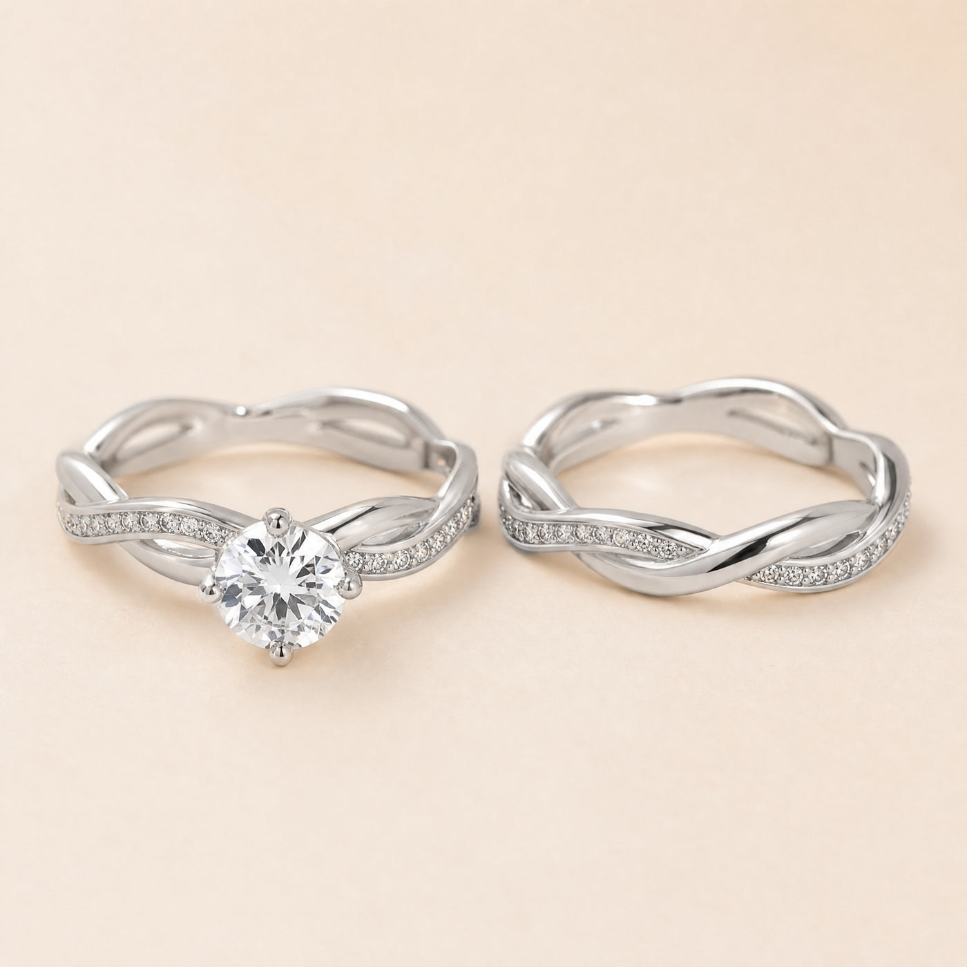 CZ Bridal Ring Set – Twisted Band Engagement Rings in Silver Gold Rose Gold for Women