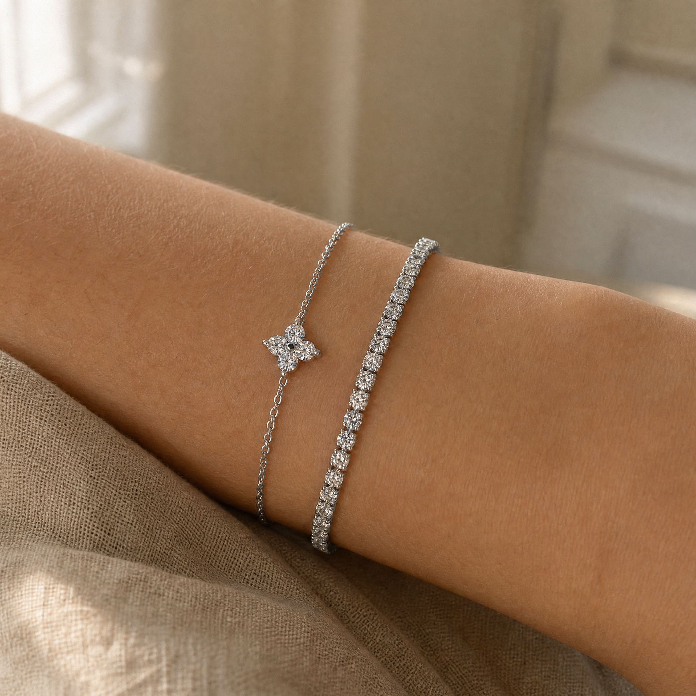 Gold Pavé Tennis & Flower CZ Bracelet Set – Dainty Layering Bracelets, Gift for Her