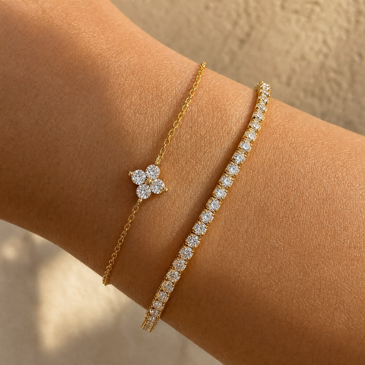 Gold Pavé Tennis & Flower CZ Bracelet Set – Dainty Layering Bracelets, Gift for Her