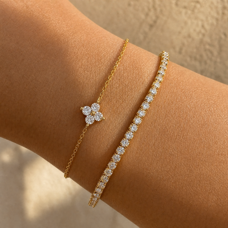 Gold Pavé Tennis & Flower CZ Bracelet Set – Dainty Layering Bracelets, Gift for Her