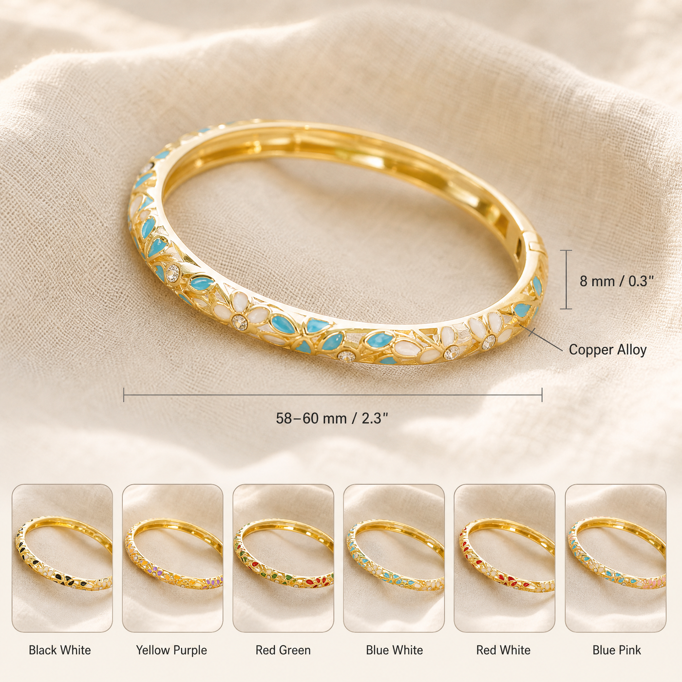 Gold Enamel Flower Bangle – Vintage Floral Copper Bracelet, Dainty Gift for Her