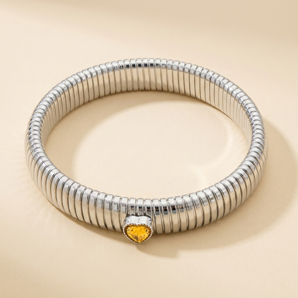 Tubogas Heart Bracelet – Retro Ribbed Stretch Bangle, Dainty Gift for Her