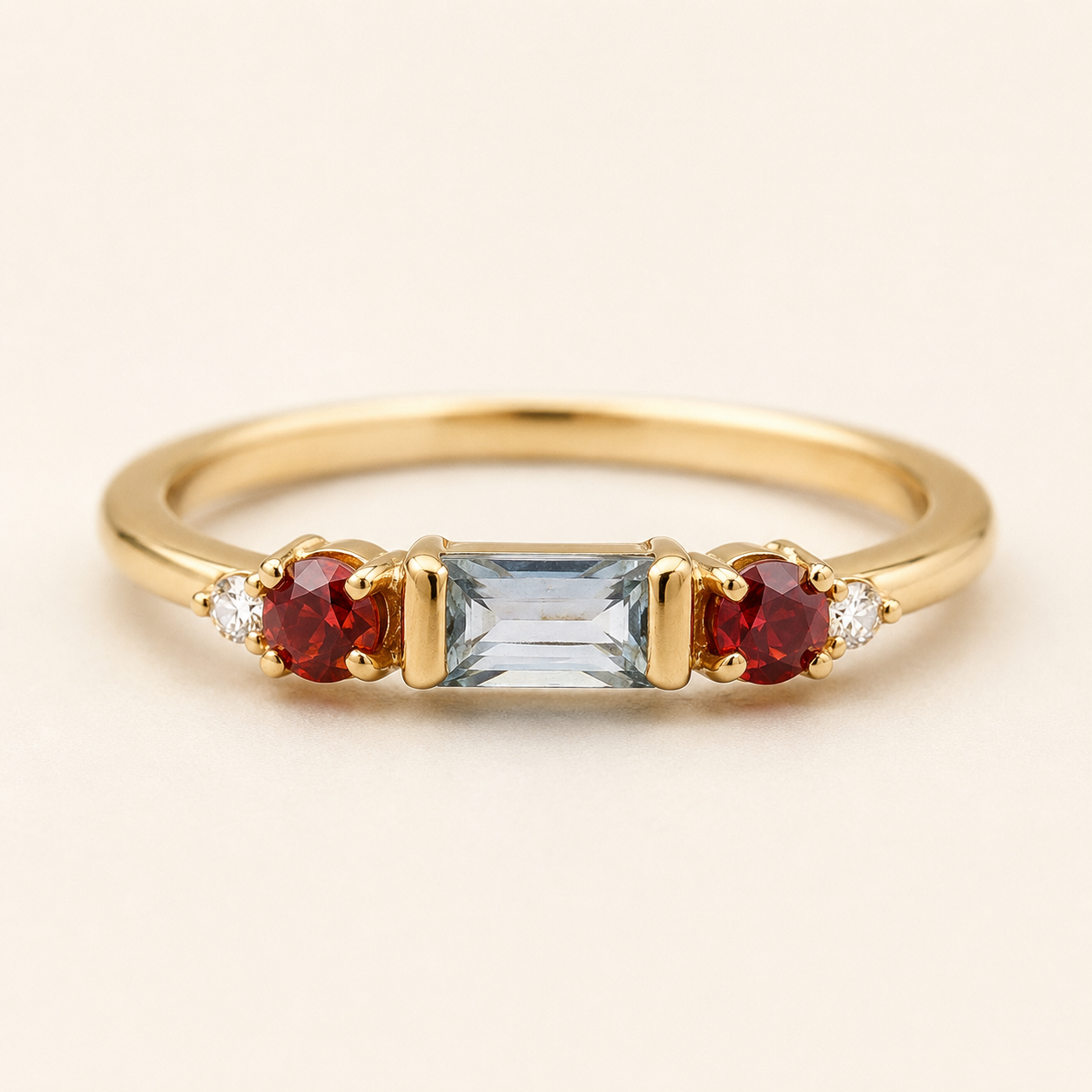 Gold Baguette & Garnet CZ Ring – Dainty Multi-Stone Stacking Ring, Gift for Her