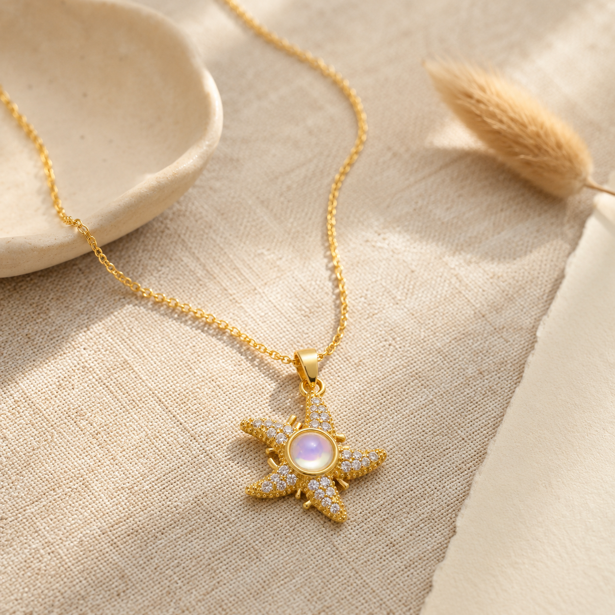 Gold Pavé Starfish Necklace – Dainty Moonstone CZ Pendant Collarbone Chain, Gift for Her