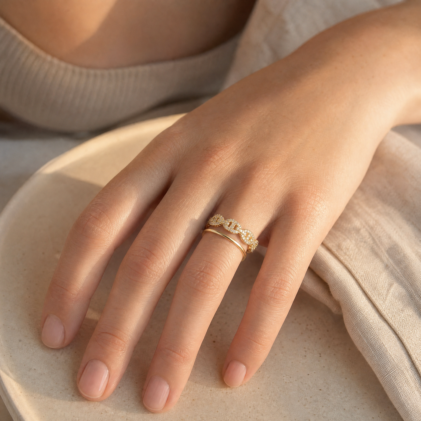 Pavé Mariner Chain Ring – Stackable Gold Silver CZ Band Ring for Women, Dainty Gift