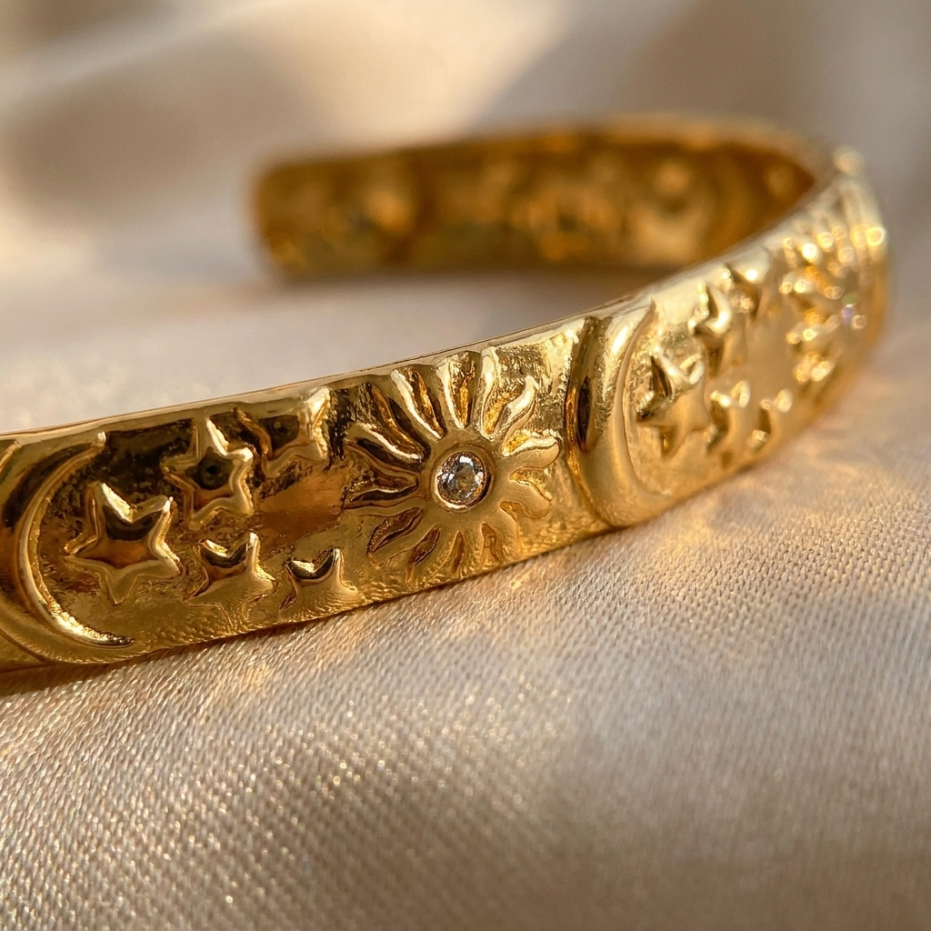 Gold Celestial Cuff Bracelet – Sun Moon Star Embossed Bangle, Stainless Steel