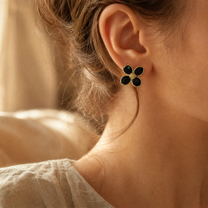 Gold Enamel Flower Stud Earrings – Dainty Floral Gold-Tone Studs, Gift for Her