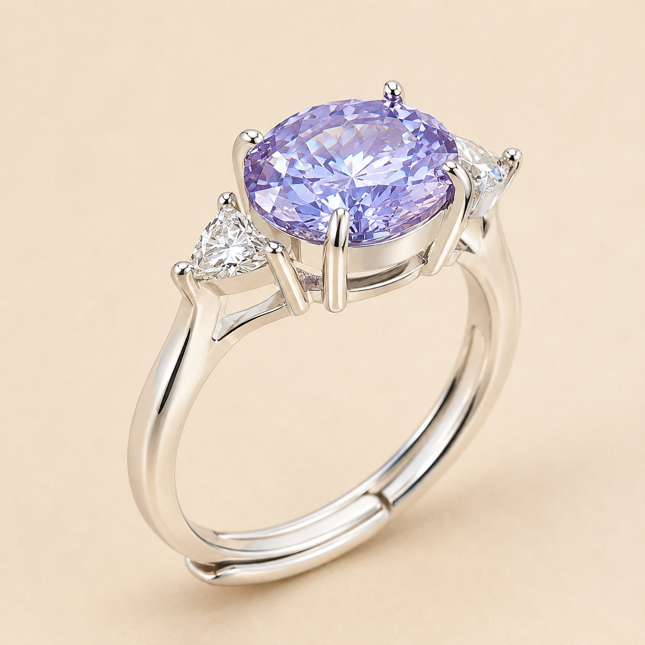 Silver Purple CZ Three Stone Ring – Adjustable Oval Ice Flower Cut Sterling Look Promise Ring