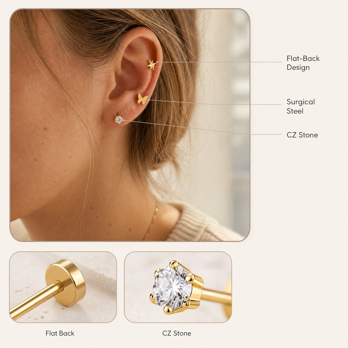 Gold Flat Back Stud Earring – Dainty Cartilage Stainless Steel Earring for Sensitive Ears