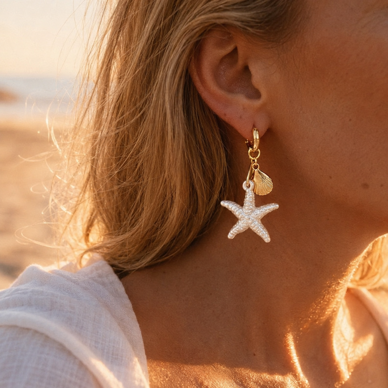 Gold Starfish Shell Hoop Earrings – Dangle Beach Jewelry, Boho Ocean Gift for Her