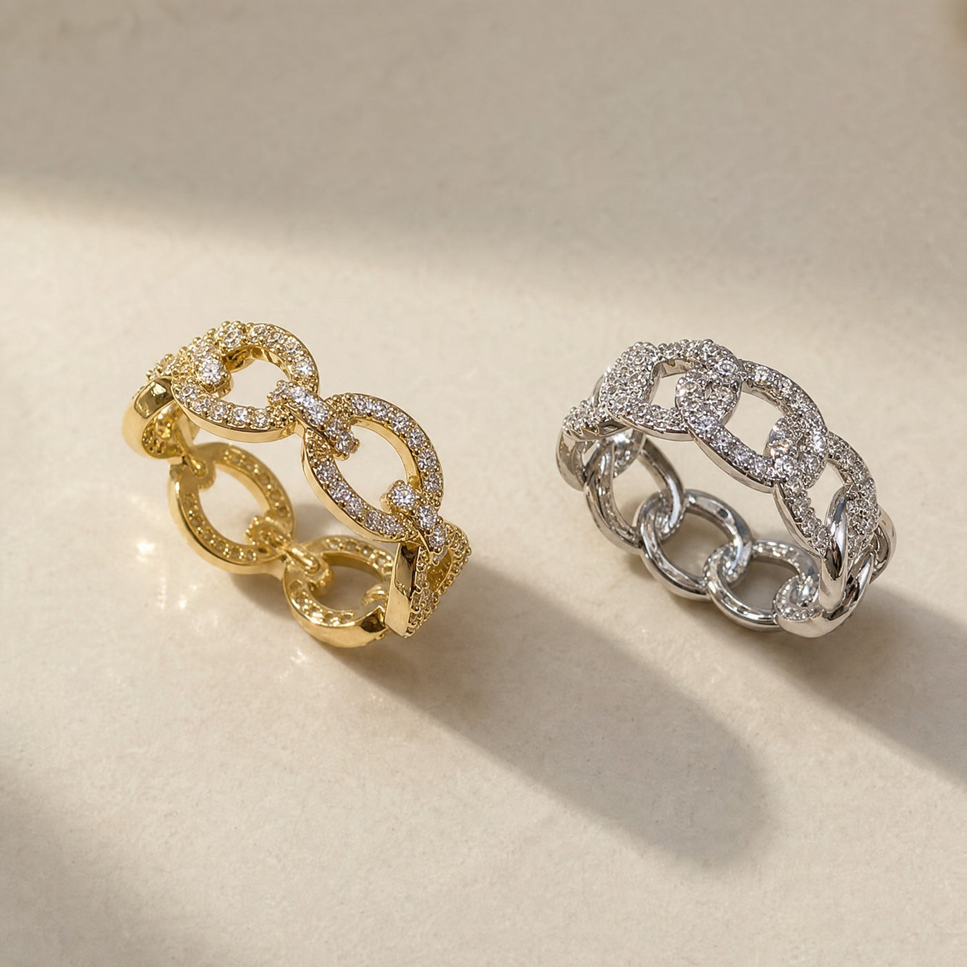 Gold Pavé Chain-Link Ring – Dazzling CZ Statement Ring, Stackable Gift for Her