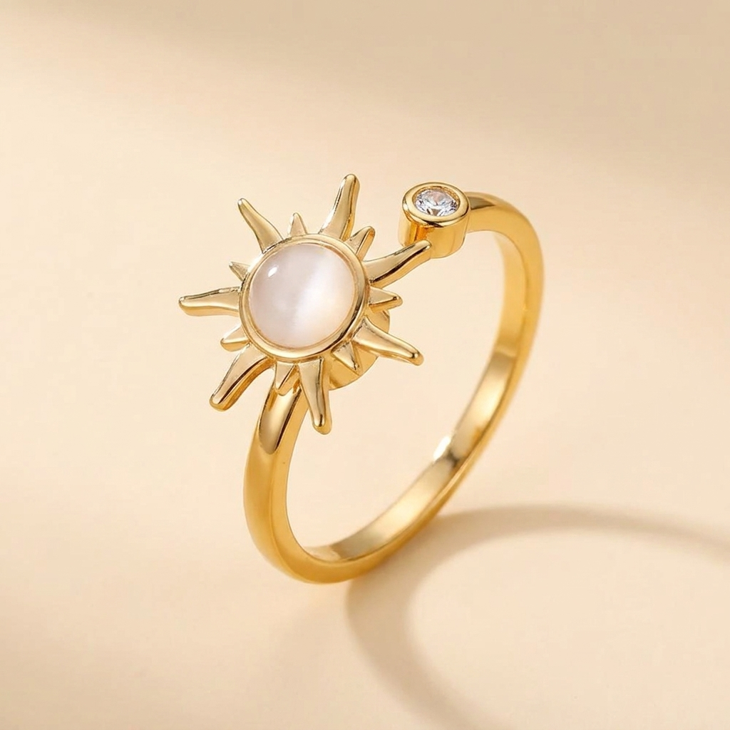 Sun Ring with Moonstone & CZ – Plated Stainless Steel Open Ring for Women