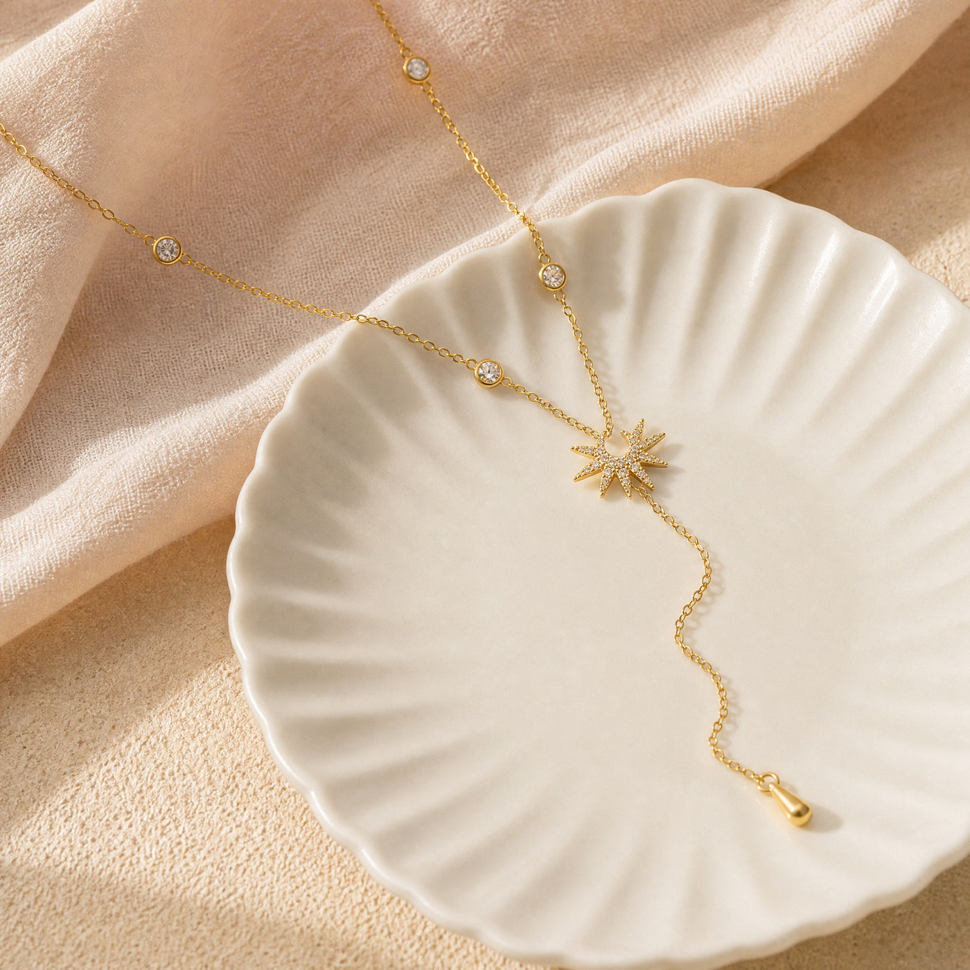 Gold Pavé Starburst Lariat Necklace – CZ Y-Drop Chain, Dainty Layering Necklace Gift for Her