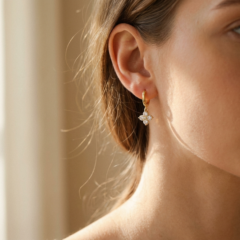 Pavé Clover Hoop Earrings – Dainty CZ Charm Huggie Hoops, Gift for Her