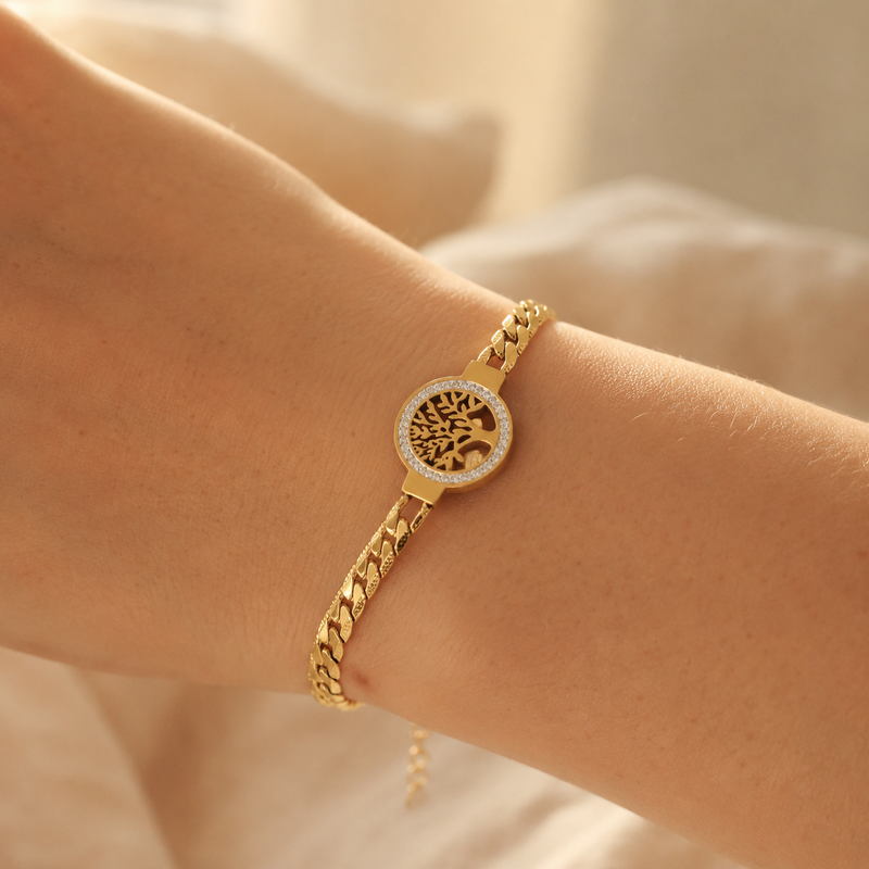 Gold Tree of Life Bracelet – Pavé CZ Curb Chain Charm Bracelet, Gift for Her