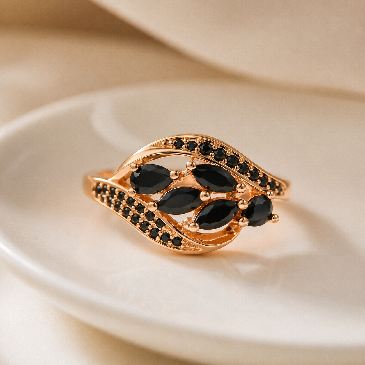 Rose Gold Black Zircon Cluster Ring – Marquise Stone Pavé Statement Ring for Women
