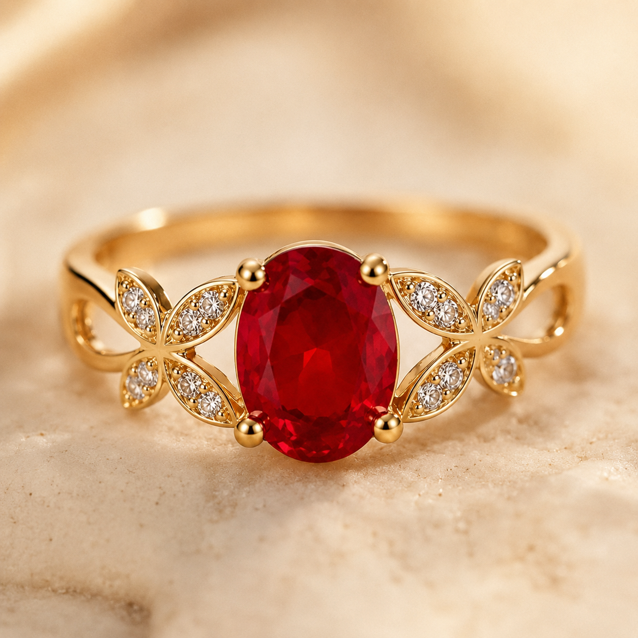 Gold Red Stone Butterfly Ring – Dainty CZ Pavé Statement Ring, Elegant Gift for Her
