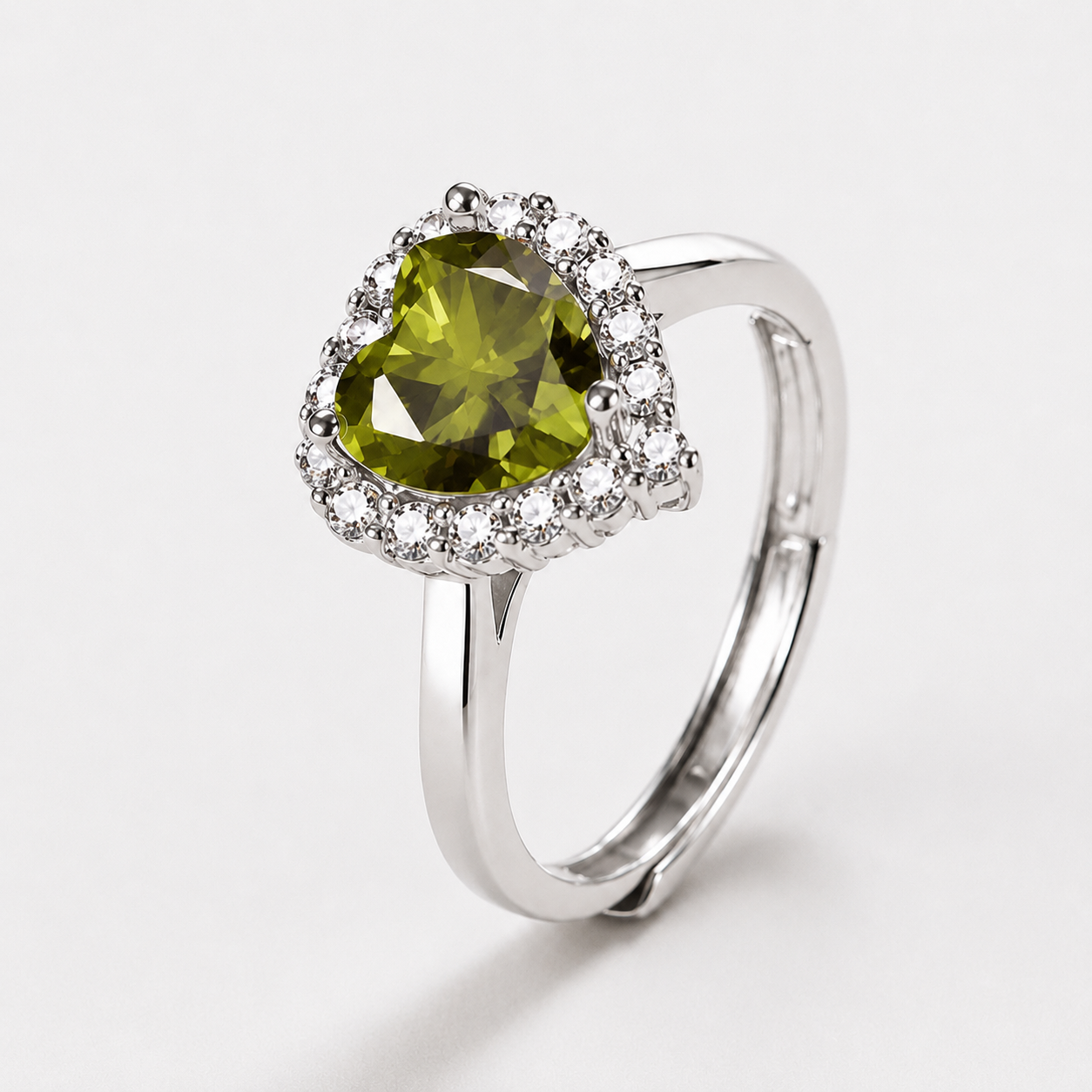 Silver Heart Zircon Ring – Adjustable Open Band, Pavé Halo CZ, Dainty Romantic Gift for Her