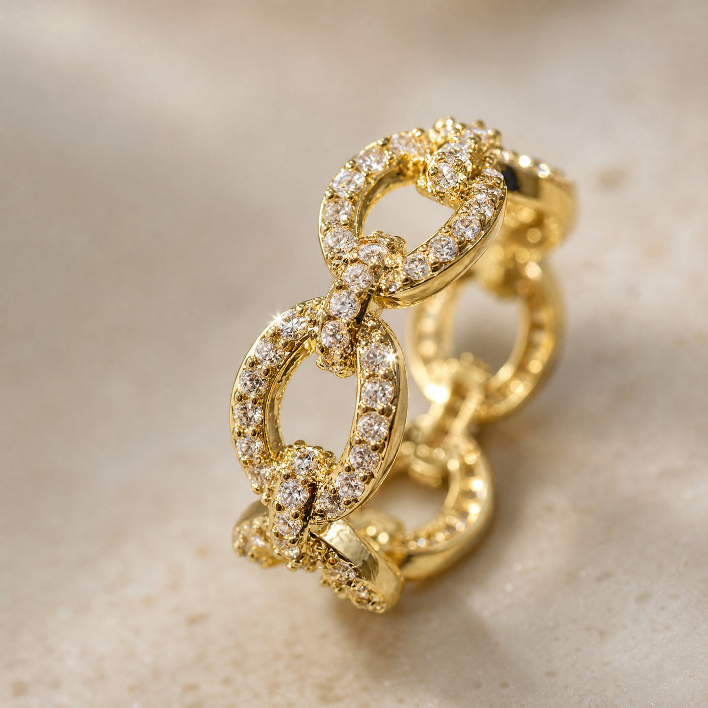 Gold Pavé Chain-Link Ring – Dazzling CZ Statement Ring, Stackable Gift for Her