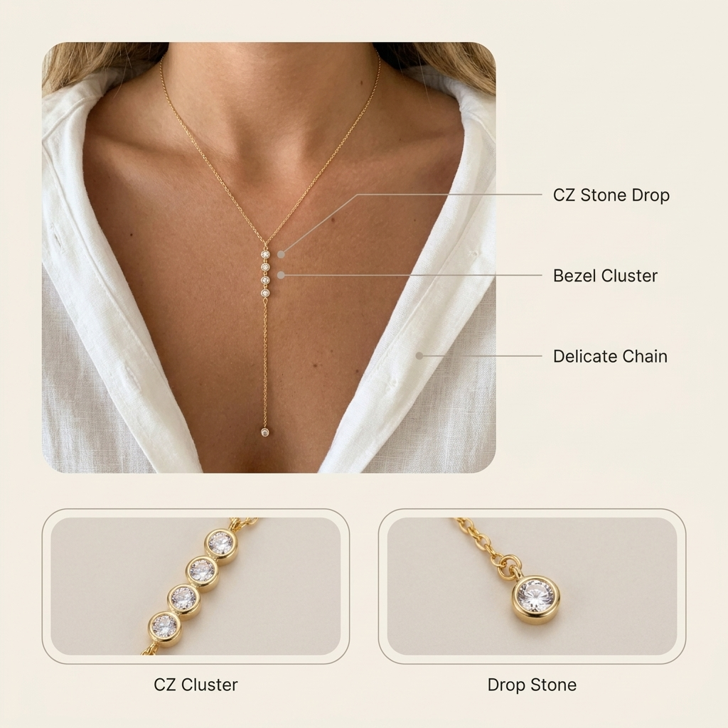 Crystal Lariat Y Necklace – Dainty CZ Bezel Drop Chain Gold Silver Layering Jewelry