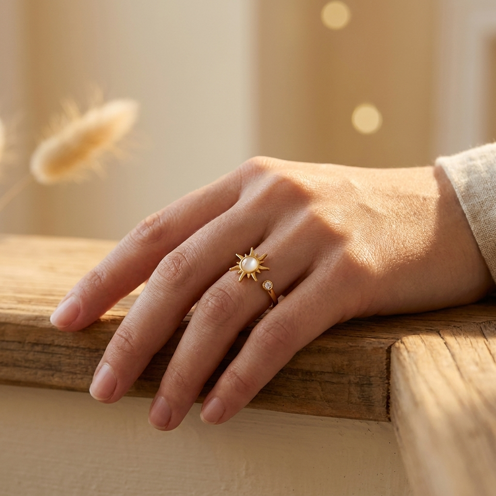 Sun Ring with Moonstone & CZ – Plated Stainless Steel Open Ring for Women