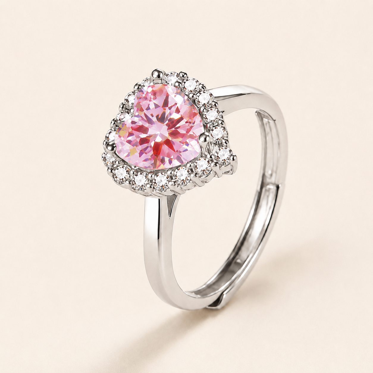 Silver Heart Zircon Ring – Adjustable Open Band, Pavé Halo CZ, Dainty Romantic Gift for Her