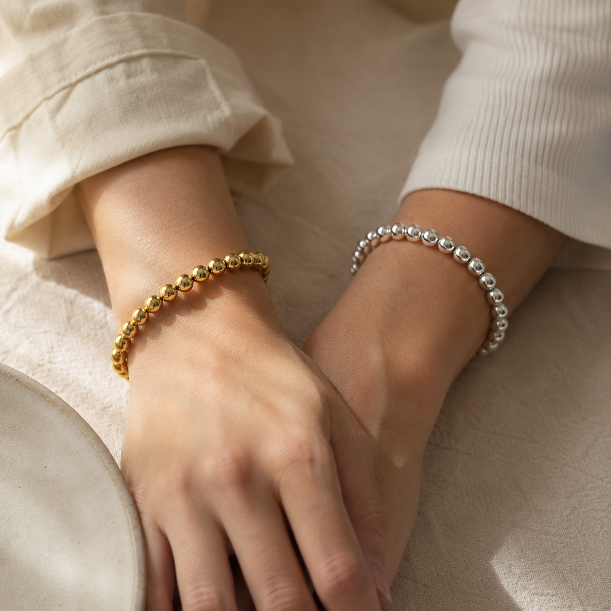 Gold Beaded Bracelet – 8mm Stainless Steel Stretch Bracelet, Stackable Minimalist Jewelry for Women