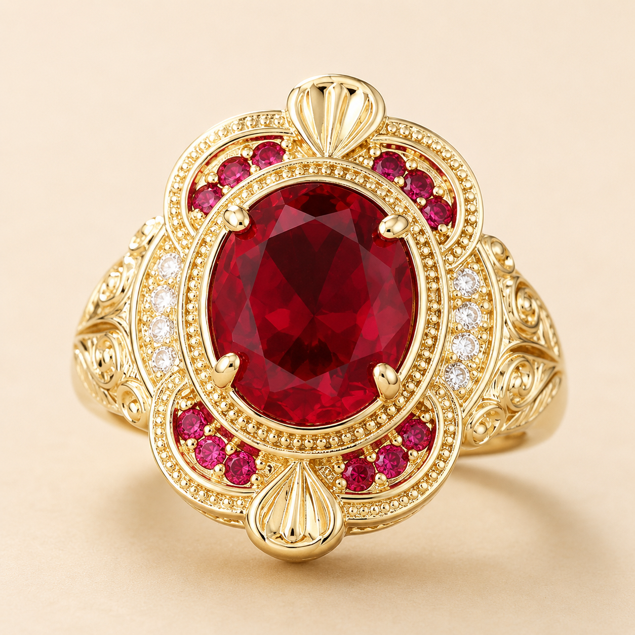 Gold Vintage Floral Ruby Red CZ Ring – Elegant Statement Cocktail Ring, Gift for Her